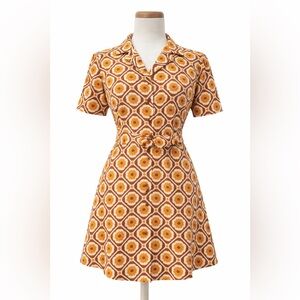 Princess Highway 12 (US S/M) retro daisy 0994 brown yellow button up dress